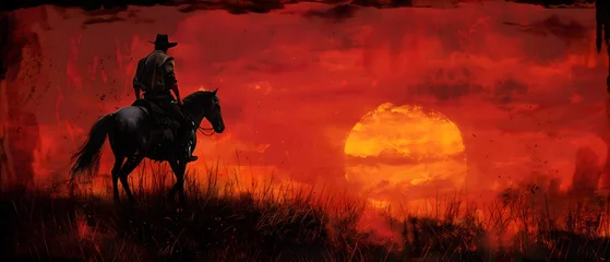 Tuinposter Dark Silhouette Of A Rider Riding A Horse. Illustrations On The Theme Of The Wild West, Cowboys, Territories And History. Generative AI © MICHAEL KUK