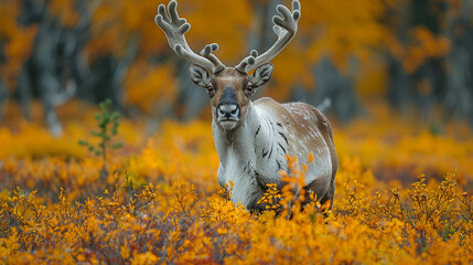 wildlife photography, authentic photo of a caribou in natural habitat, taken with telephoto lenses,...