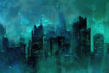 The city skyline is shown in blue and green. The buildings were tall and the sky was dark. by AI generated image - obrazy, fototapety, plakaty