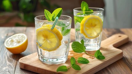 Lemonade with lemon slices, mint, ice and lime on a wooden board