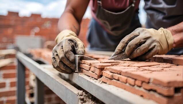A worker building a brick wall with mason's hands