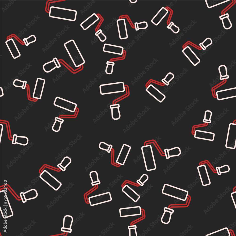 Sticker line paint roller brush icon isolated seamless pattern on black background. vector