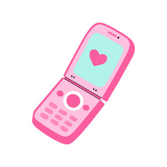 Fashion 90s-00s flip phone pink vector illustration on a white background flat hand drawn