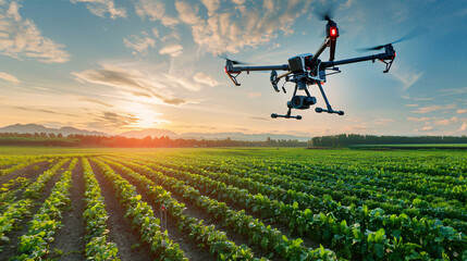 Modern smart farm landscape showcasing precision agriculture technology with drone flying over fields assessing crop health assessment and sustainable farming. Advanced drones do crop monitoring. - obrazy, fototapety, plakaty