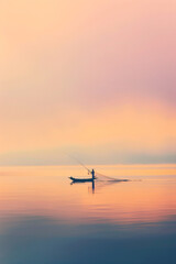 Fototapeta na wymiar A man is fishing in a boat on a calm lake. The sky is a mix of pink and orange, creating a serene and peaceful atmosphere