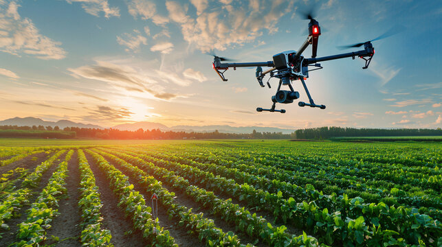 Modern Smart Farm Landscape Showcasing Precision Agriculture Technology With Drone Flying Over Fields Assessing Crop Health Assessment And Sustainable Farming. Advanced Drones Do Crop Monitoring.