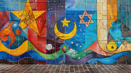 Naklejka premium A vibrant mural depicting the peaceful coexistence of multiple religions, with symbols like the cross, crescent, Om, and Star of David intertwined in harmony. A mural of unity. Artistic expression.