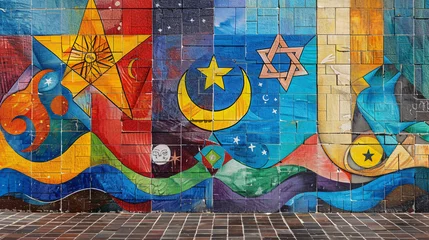 Rucksack A vibrant mural depicting the peaceful coexistence of multiple religions, with symbols like the cross, crescent, Om, and Star of David intertwined in harmony. A mural of unity. Artistic expression. © Artinun