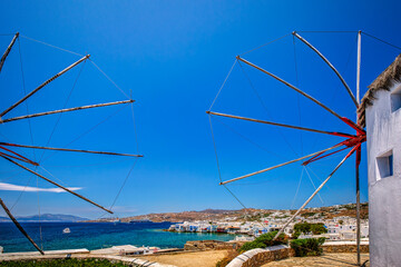 View from the traditional windmills in Mykonos island, Greece