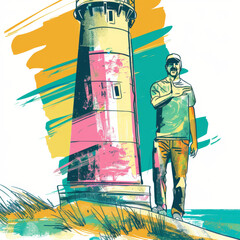 Colorful Line Illustration of a Friendly Lighthouse Guiding Ships Gen AI