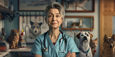 Senior female veterinarian in blue scrubs smiling with dogs in a pet clinic setting
