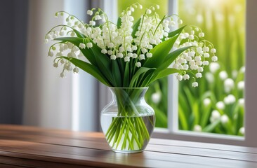 Lilies of the valley in a vase on a wooden table. A garden in the background. Spring background 