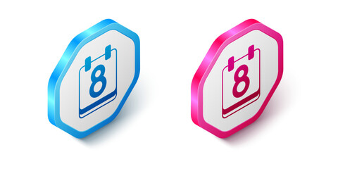 Isometric Calendar with 8 March icon isolated on white background. International Happy Women Day. Hexagon button. Vector