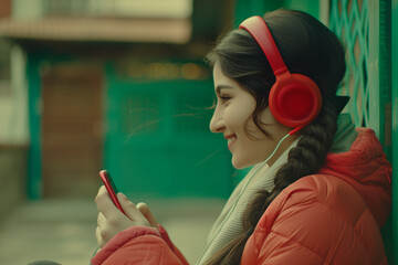 Smiling woman listening to music with a mobile phone . Concept take a break. International Music Day