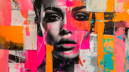 Woman portrait trendy paper art collage. Contemporary art with vivid neon colors and ripped paper.