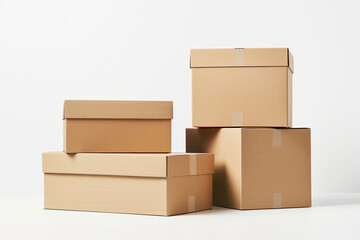 Neat arrangement of various sized cardboard boxes on a clean white background