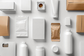Overhead view of various empty packaging materials ready for branding