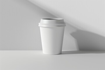 Minimalist image of an unbranded white takeaway coffee cup casting a shadow on a grey surface