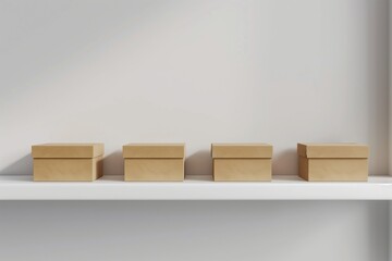 Four plain cardboard boxes organized neatly on a white shelf against a light background
