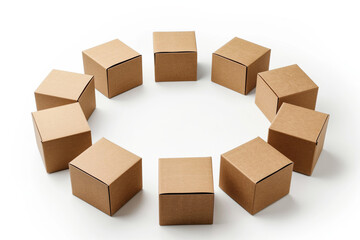 Fototapeta premium High-angle view of perfectly arranged cardboard boxes forming a circle, isolated on white