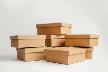 Minimalistic view of multiple brown cardboard boxes piled on a clean white backdrop