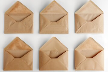 Collection of six antique-style brown paper envelopes arranged neatly on a white backdrop