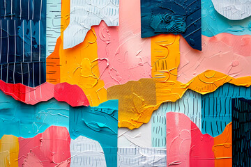 Vibrant painting with diverse colors. Colorful trendy paper art collage. Contemporary art with ripped paper.