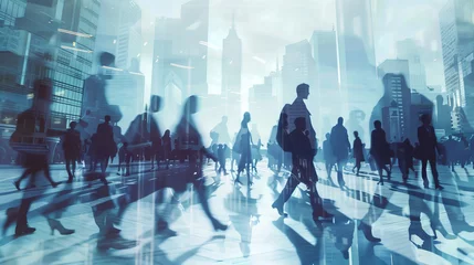 Foto op Plexiglas Silhouettes of Busy Pedestrians in a Cityscape with Reflective Buildings © Maciej Koba