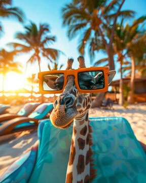 Close up giraffe enjoy summer at tropical beach. Abstract fun concept with animal.