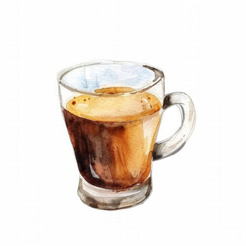 Watercolor illustration of a glass mug filled with coffee, ideal for coffee-related advertising, with ample white space for text on a white background