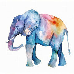 Obraz premium Colorful watercolor elephant illustration, isolated on white background with space for text, suitable for art and nature themes