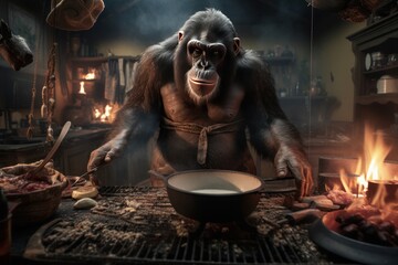 creative cinematic shot wide-angle dynamics scene with a huge strong guerilla ape cooking in a kitchen