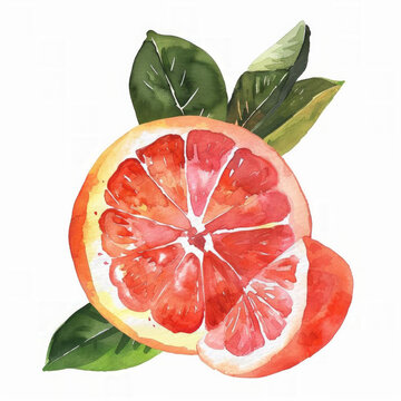 Vibrant watercolor illustration of a fresh grapefruit with green leaves, ideal for culinary themes and healthy eating designs with ample space for text additions