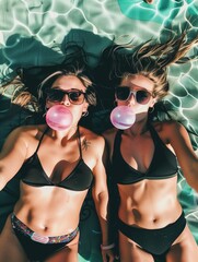 Naklejka premium selfie of two women blowing bubbles with their mouths. cheerful beautiful young girls wearing black swimwear lying in the swimming pool outdoors