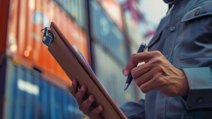 Logistics Worker Checking Inventory List in Front of Shipping Containers