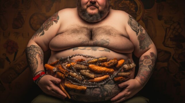 Inked man sitting with a chain of raw sausages on his belly, symbolizing excess and consumption