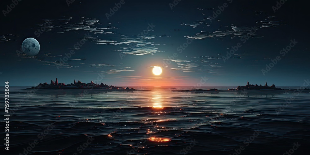Poster sun setting over island in ocean generative ai