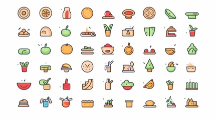 An array of colorful and playful food-related icons in a contemporary flat design aesthetic