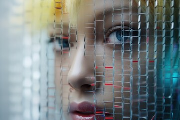 ultra-close-up portrait of a young model,  halh-hidden behind the translucent partition of the street screen of a futuristic city