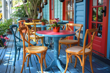 Fototapeta na wymiar Quaint Cafe Terrace with Blue Wooden Flooring