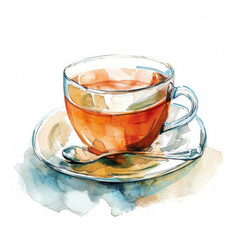 Watercolor illustration of a transparent cup of tea with a spoon on a saucer, ideal as a background for text or menu design, with space for copy