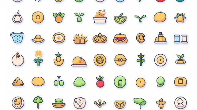 A vibrant collection of minimalist food and beverage icons in a flat design style with an array of colors