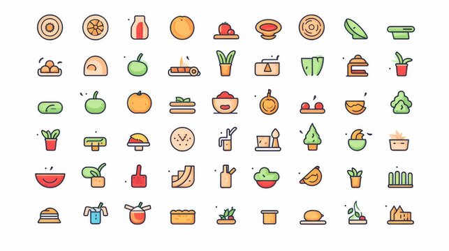 An array of colorful and playful food-related icons in a contemporary flat design aesthetic