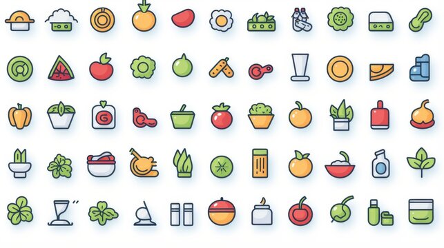 Set of stylishly designed icons showcasing various vegetables, fruits, and drinks, using an attractive color palette and minimal lines