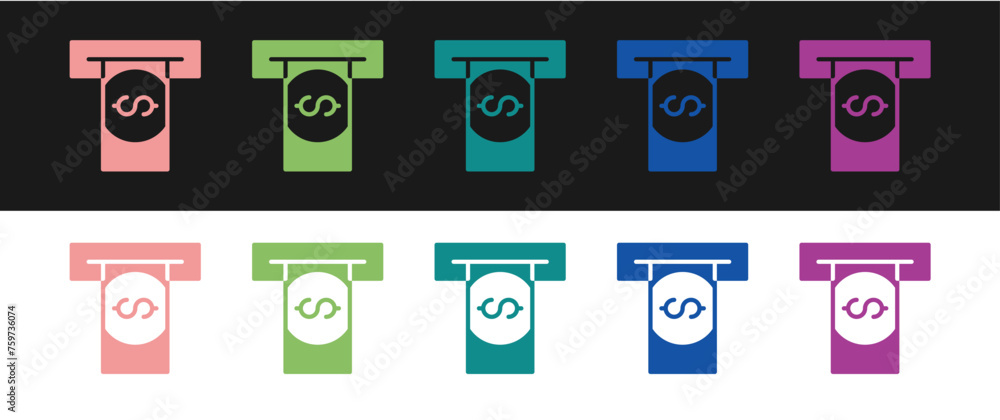 Poster set atm - automated teller machine and money icon isolated on black and white background. vector
