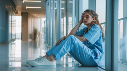Tired Healthcare Worker in Scrubs Sitting on Floor of Hospital Corridor