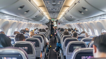 Fototapeta premium Interior View of a Full Commercial Airplane Cabin During Flight