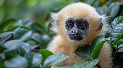 Obraz premium wildlife photography, authentic photo of a gibbon in natural habitat, taken with telephoto lenses, for relaxing animal wallpaper and more