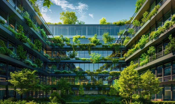 Environmentally friendly buildings in modern cities Sustainable glass office building with carbon-reducing trees Office building with green by AI generated image