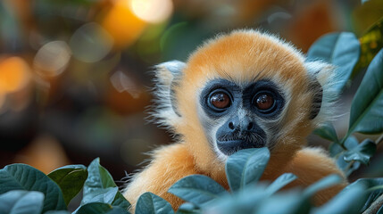 Obraz premium wildlife photography, authentic photo of a gibbon in natural habitat, taken with telephoto lenses, for relaxing animal wallpaper and more